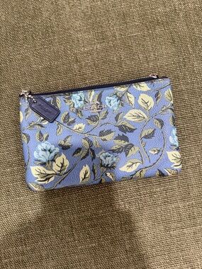 Coach Light Blue Floral Zip Wristlet with Cream Leaves